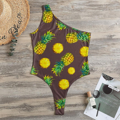 Brown Pineapple Pattern Print One Shoulder Bodysuit
