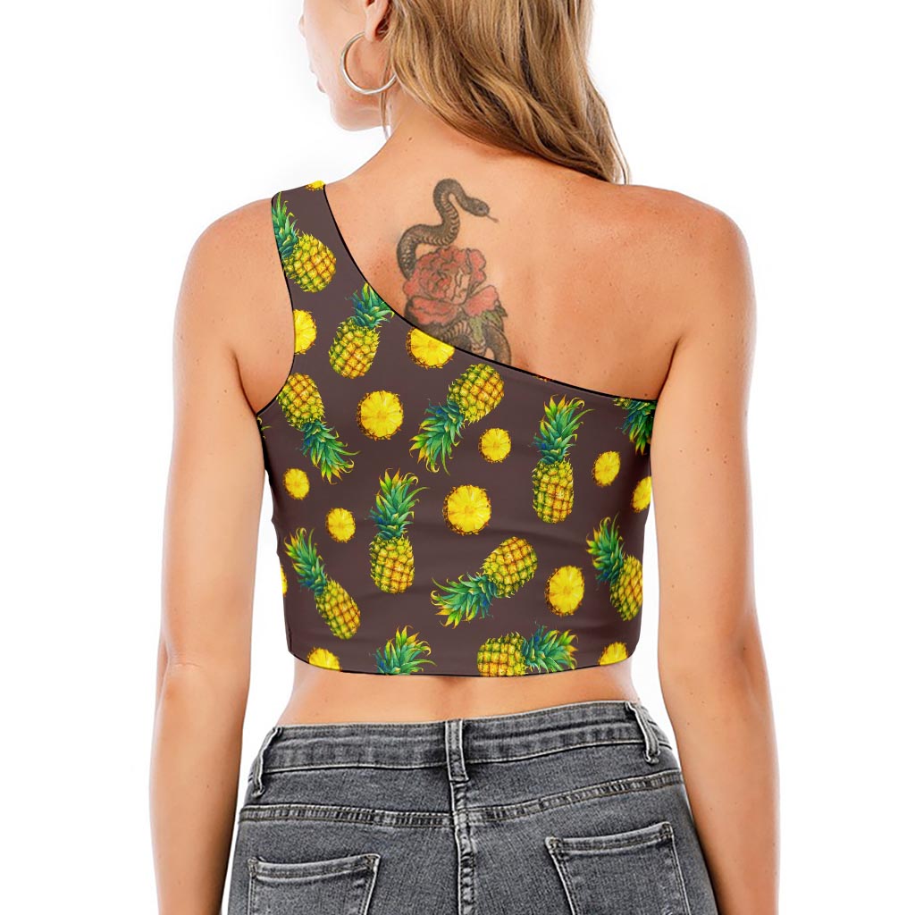 Brown Pineapple Pattern Print One Shoulder Crop Top