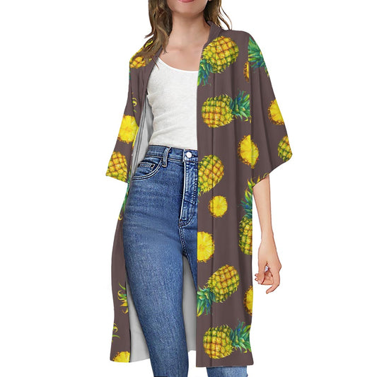 Brown Pineapple Pattern Print Open Front Beach Cover Up