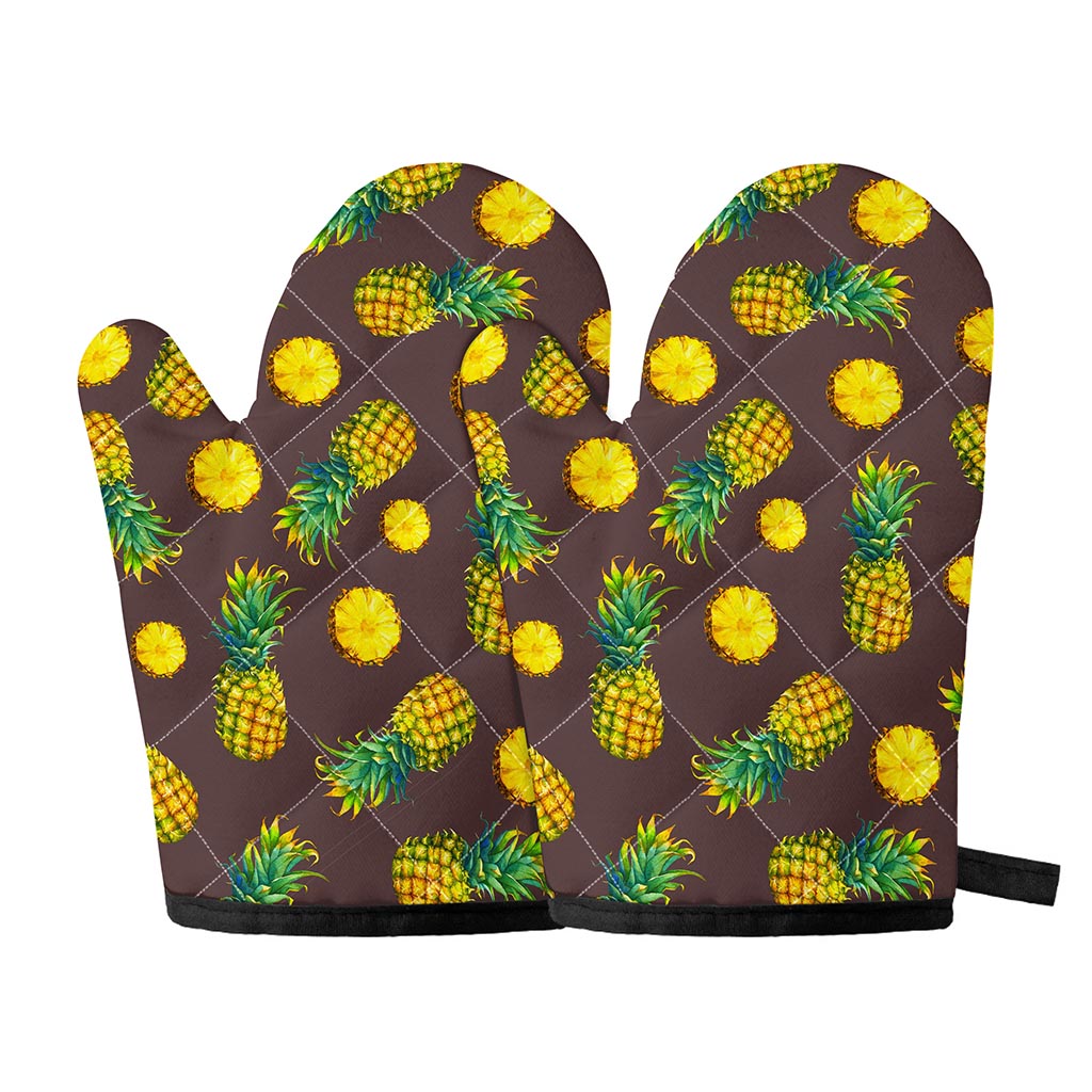 Brown Pineapple Pattern Print Oven Mitts