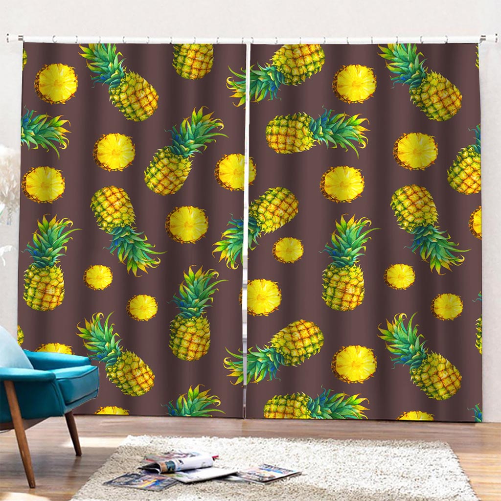 Brown Pineapple Pattern Print Pencil Pleat Curtains
