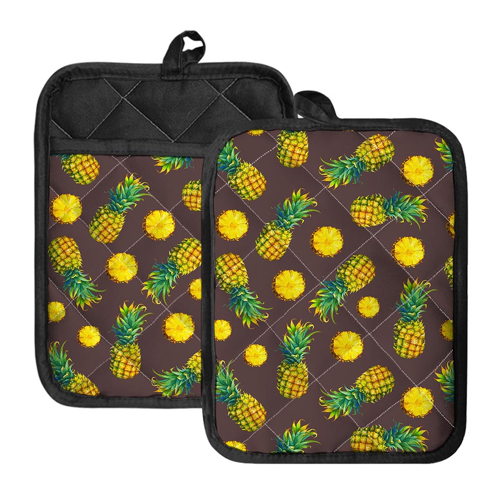 Brown Pineapple Pattern Print Pot Holders With Pocket