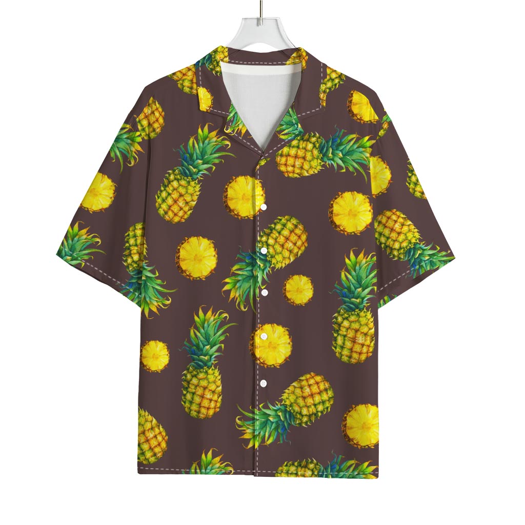 Brown Pineapple Pattern Print Rayon Hawaiian Shirt