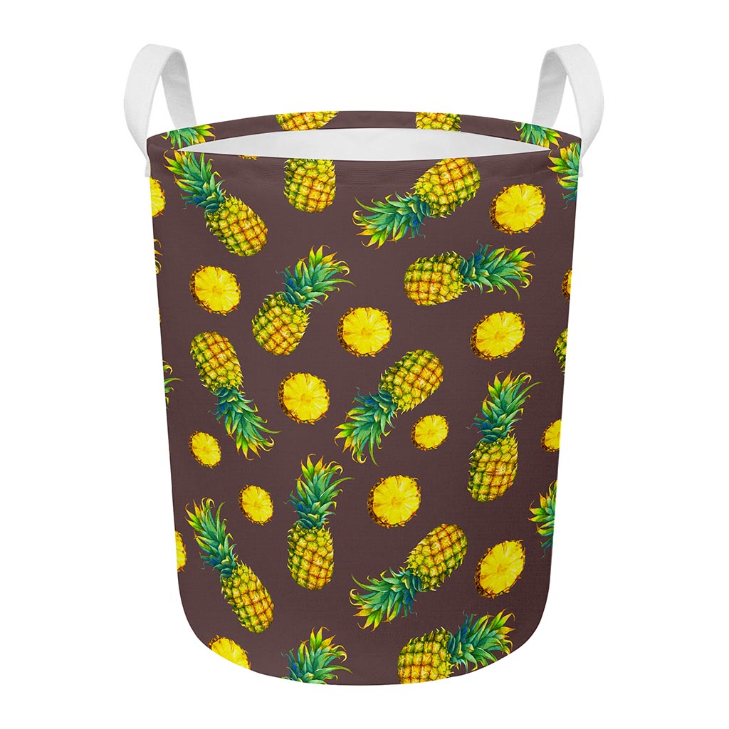 Brown Pineapple Pattern Print Round Laundry Basket