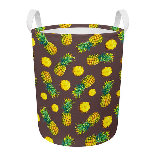 Brown Pineapple Pattern Print Round Laundry Basket