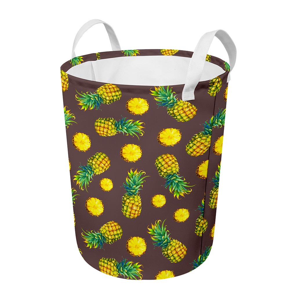 Brown Pineapple Pattern Print Round Laundry Basket