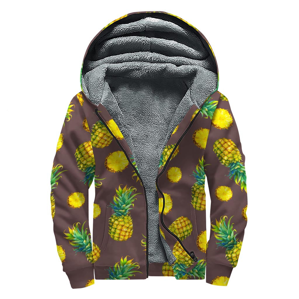 Brown Pineapple Pattern Print Sherpa Lined Zip Up Hoodie