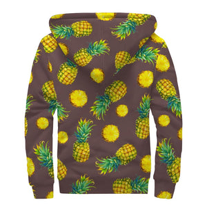 Brown Pineapple Pattern Print Sherpa Lined Zip Up Hoodie