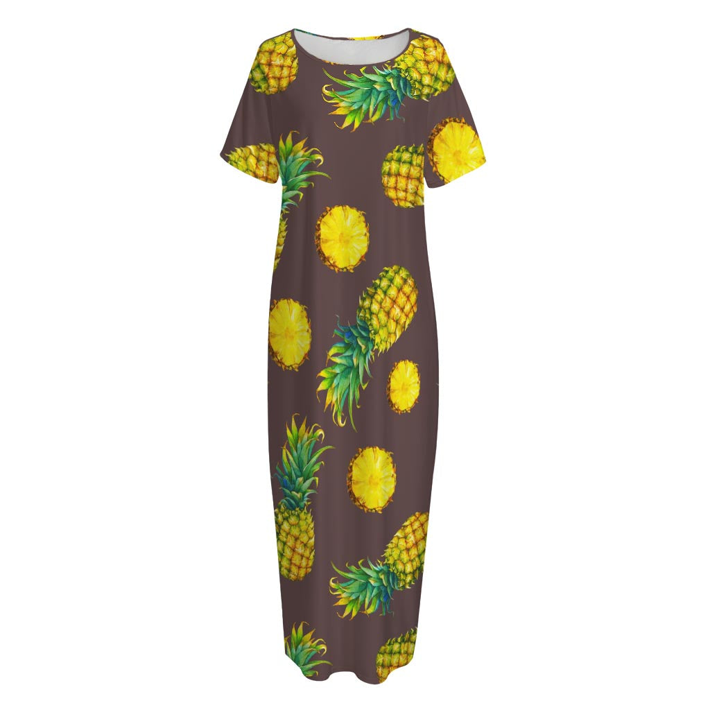 Brown Pineapple Pattern Print Short Sleeve Long Nightdress
