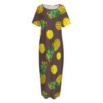 Brown Pineapple Pattern Print Short Sleeve Long Nightdress