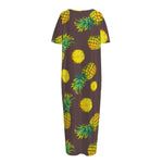 Brown Pineapple Pattern Print Short Sleeve Long Nightdress