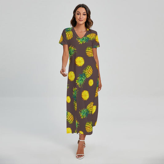 Brown Pineapple Pattern Print Short Sleeve Maxi Dress