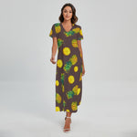 Brown Pineapple Pattern Print Short Sleeve Maxi Dress