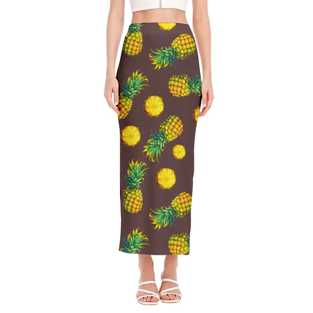 Brown Pineapple Pattern Print Side Slit Maxi Skirt