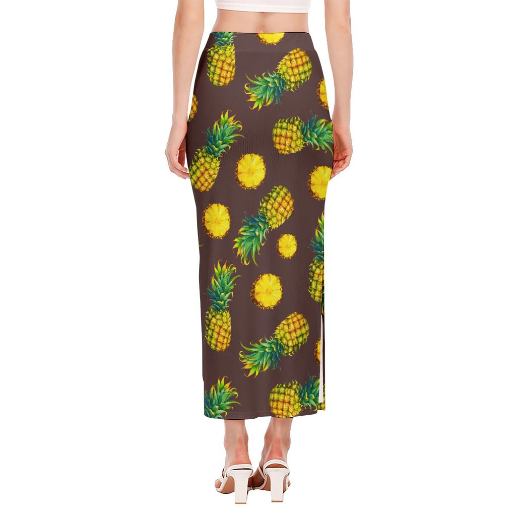 Brown Pineapple Pattern Print Side Slit Maxi Skirt