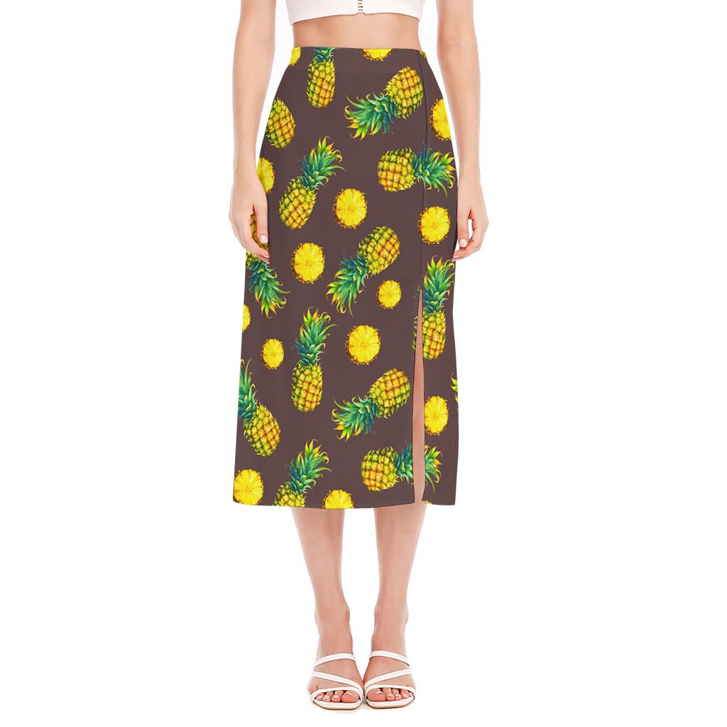 Brown Pineapple Pattern Print Side Slit Midi Skirt