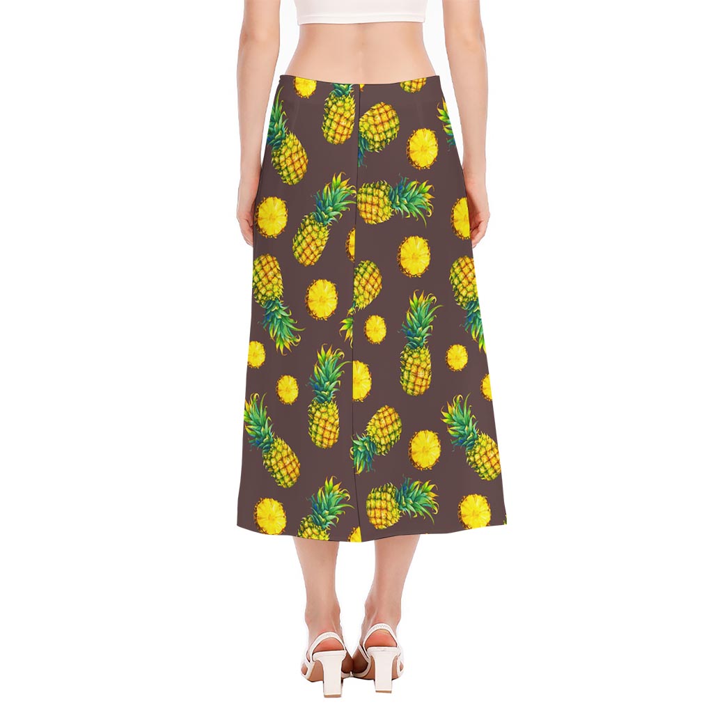 Brown Pineapple Pattern Print Side Slit Midi Skirt