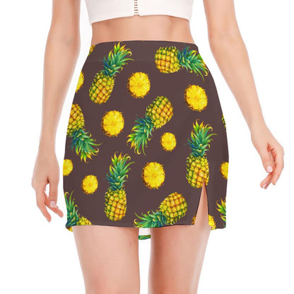 Brown Pineapple Pattern Print Side Slit Mini Skirt