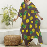 Brown Pineapple Pattern Print Silk V-Neck Kaftan Dress