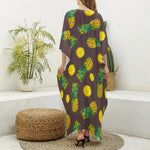 Brown Pineapple Pattern Print Silk V-Neck Kaftan Dress