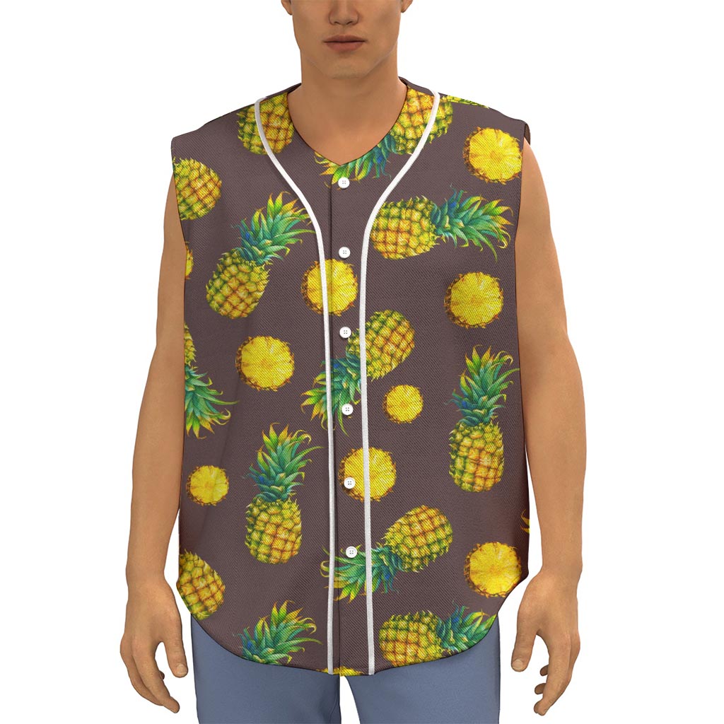Brown Pineapple Pattern Print Sleeveless Baseball Jersey
