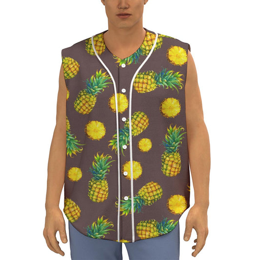 Brown Pineapple Pattern Print Sleeveless Baseball Jersey