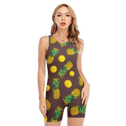 Brown Pineapple Pattern Print Sleeveless One Piece Swimsuit