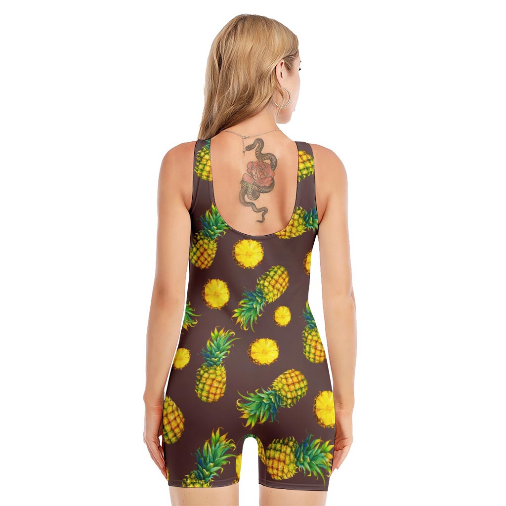 Brown Pineapple Pattern Print Sleeveless One Piece Swimsuit