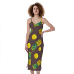 Brown Pineapple Pattern Print Slim Fit Midi Cami Dress