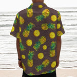 Brown Pineapple Pattern Print Textured Short Sleeve Shirt