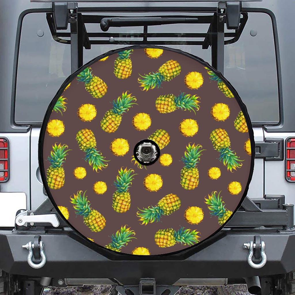 Brown Pineapple Pattern Print Tire Cover With Camera Hole