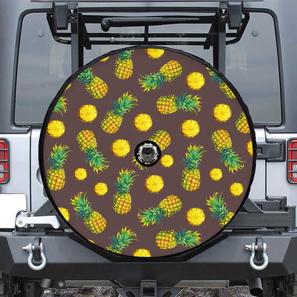 Brown Pineapple Pattern Print Tire Cover With Camera Hole
