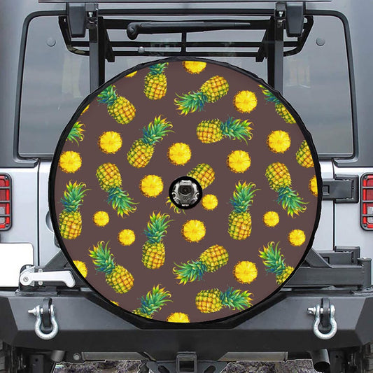 Brown Pineapple Pattern Print Tire Cover With Camera Hole
