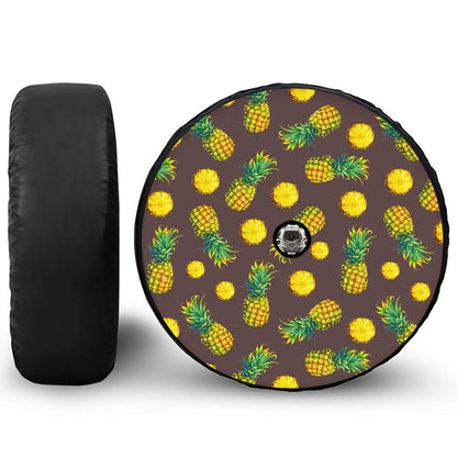 Brown Pineapple Pattern Print Tire Cover With Camera Hole
