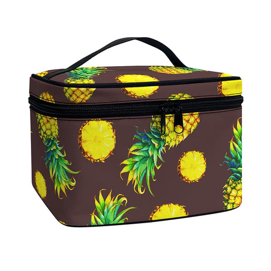 Brown Pineapple Pattern Print Travel Makeup Bag