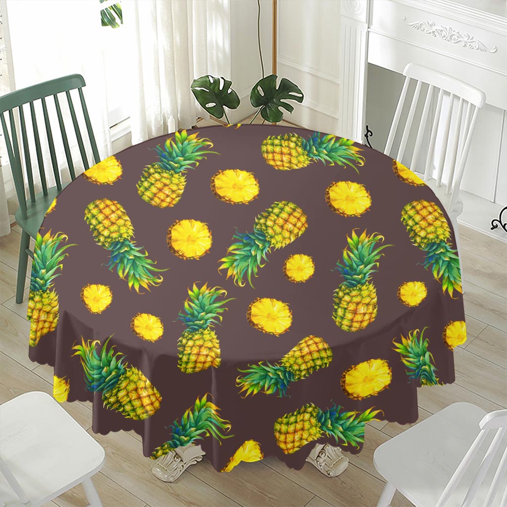 Brown Pineapple Pattern Print Waterproof Round Tablecloth
