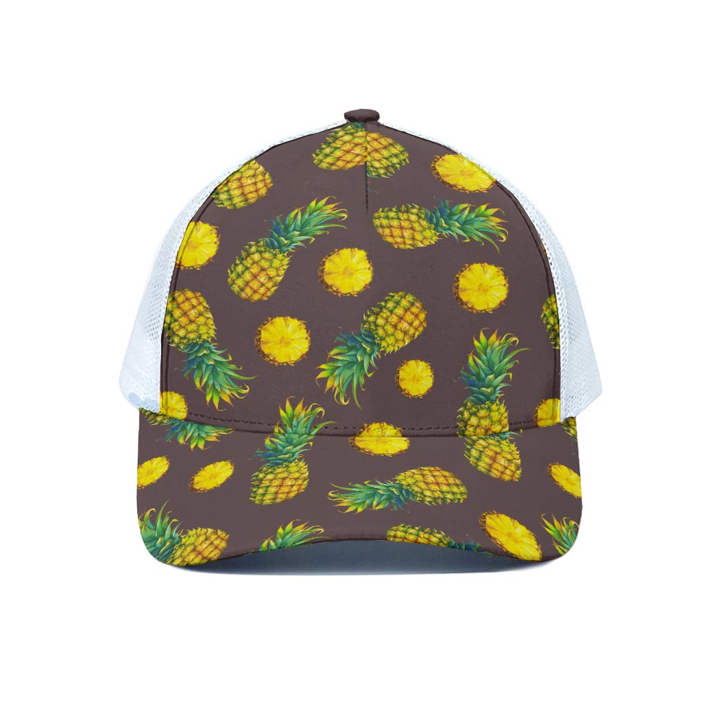 Brown Pineapple Pattern Print White Mesh Trucker Cap