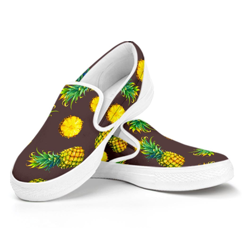 Brown Pineapple Pattern Print White Slip On Sneakers