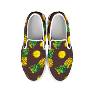 Brown Pineapple Pattern Print White Slip On Sneakers