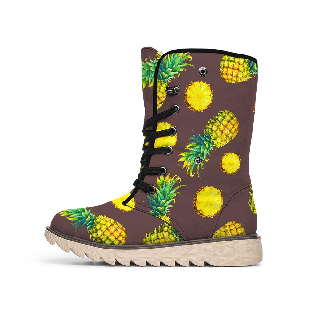 Brown Pineapple Pattern Print Winter Boots