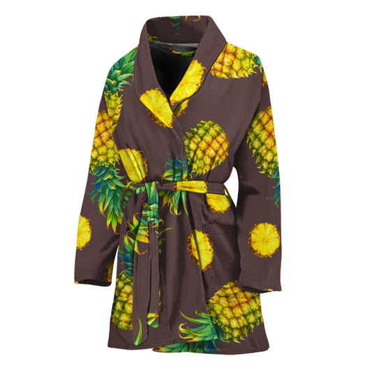 Brown Pineapple Pattern Print Women's Bathrobe