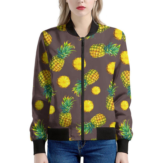Brown Pineapple Pattern Print Women's Bomber Jacket