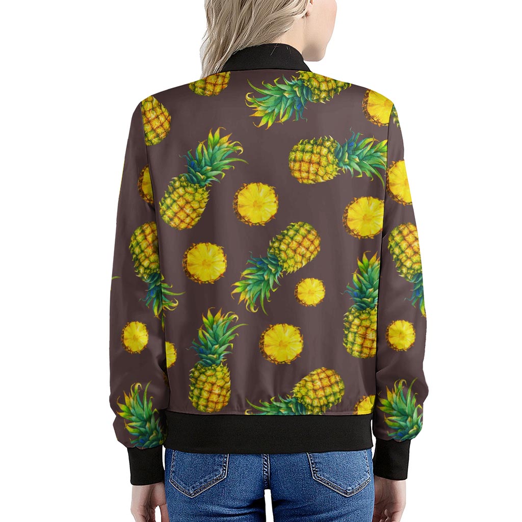 Brown Pineapple Pattern Print Women's Bomber Jacket