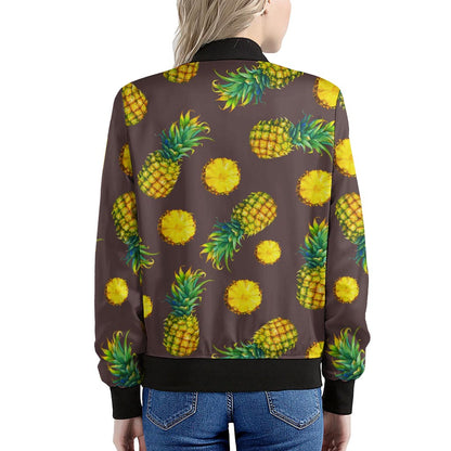 Brown Pineapple Pattern Print Women's Bomber Jacket