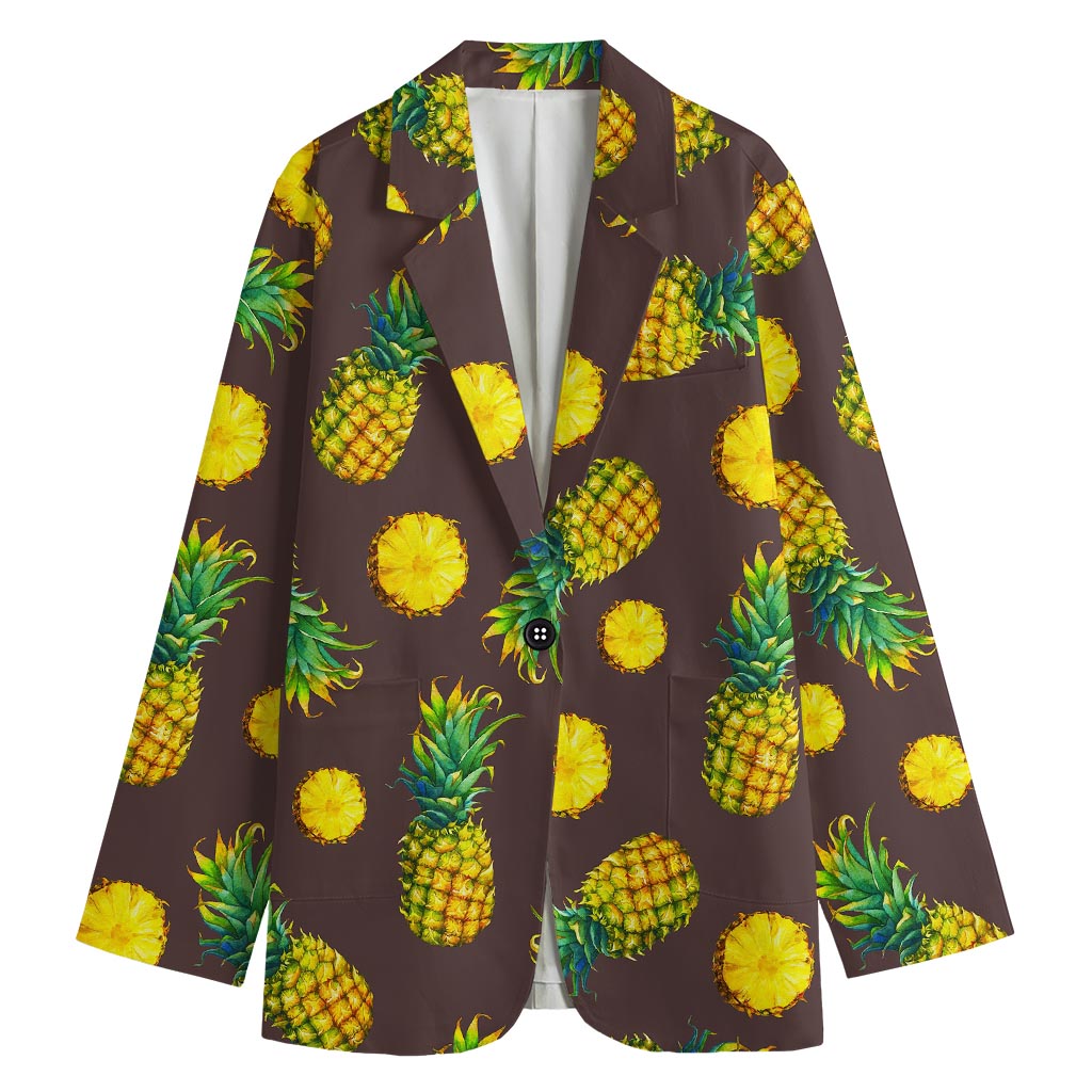 Brown Pineapple Pattern Print Women's Cotton Blazer