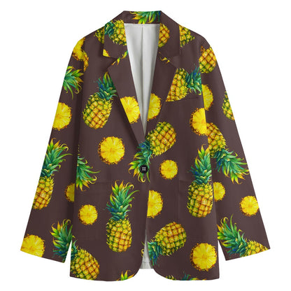 Brown Pineapple Pattern Print Women's Cotton Blazer