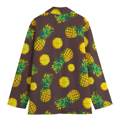 Brown Pineapple Pattern Print Women's Cotton Blazer