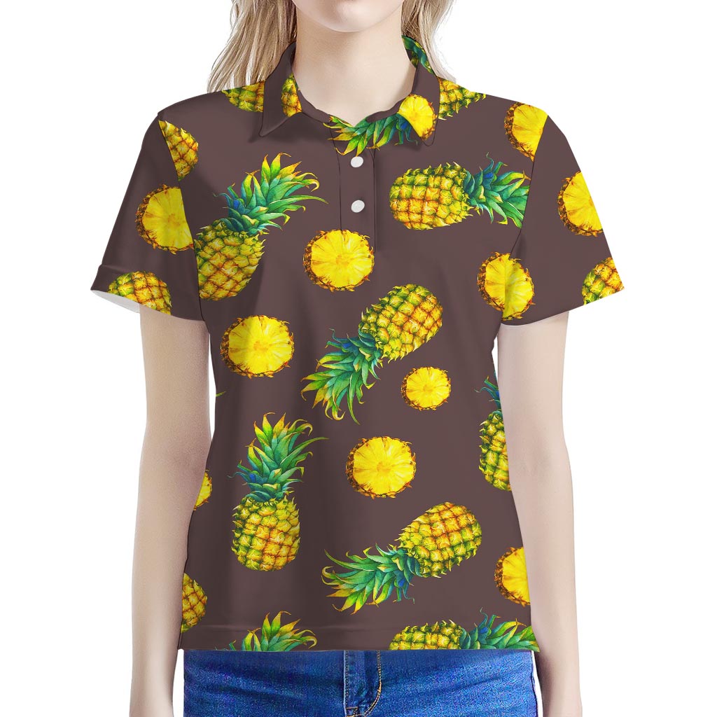 Brown Pineapple Pattern Print Women's Polo Shirt