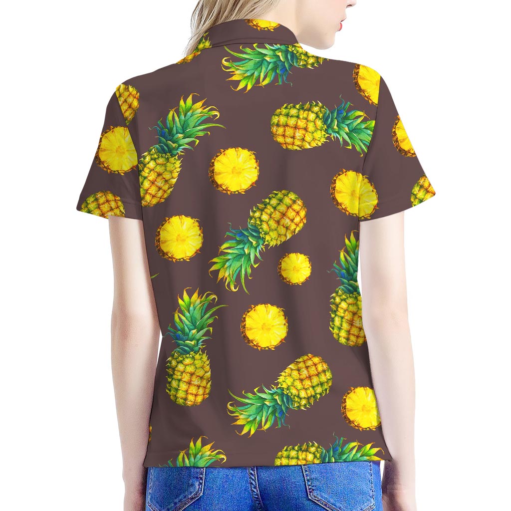 Brown Pineapple Pattern Print Women's Polo Shirt