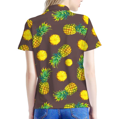 Brown Pineapple Pattern Print Women's Polo Shirt
